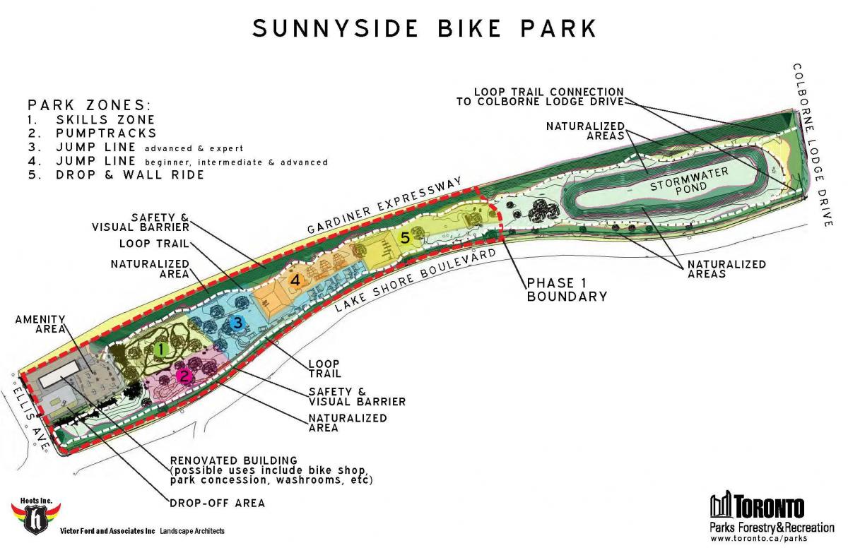 지도의 서니사이드 자전거공원 지역 토론토