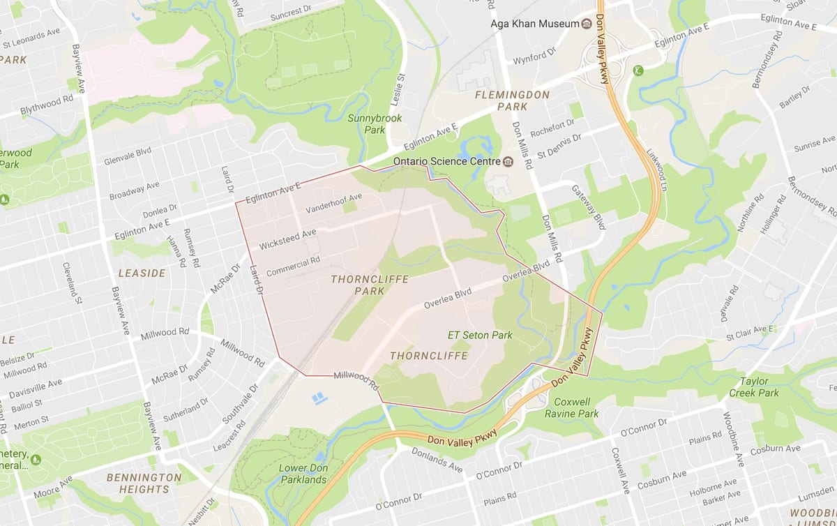 지도 Thorncliffe 공원 지역 토론토