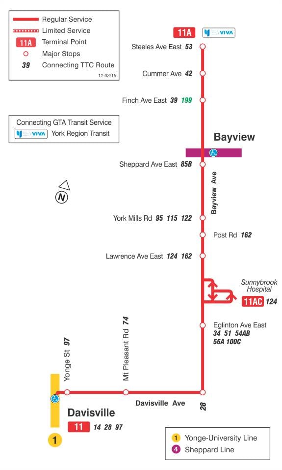 지도 TTC11Bayview 버스로 토론토