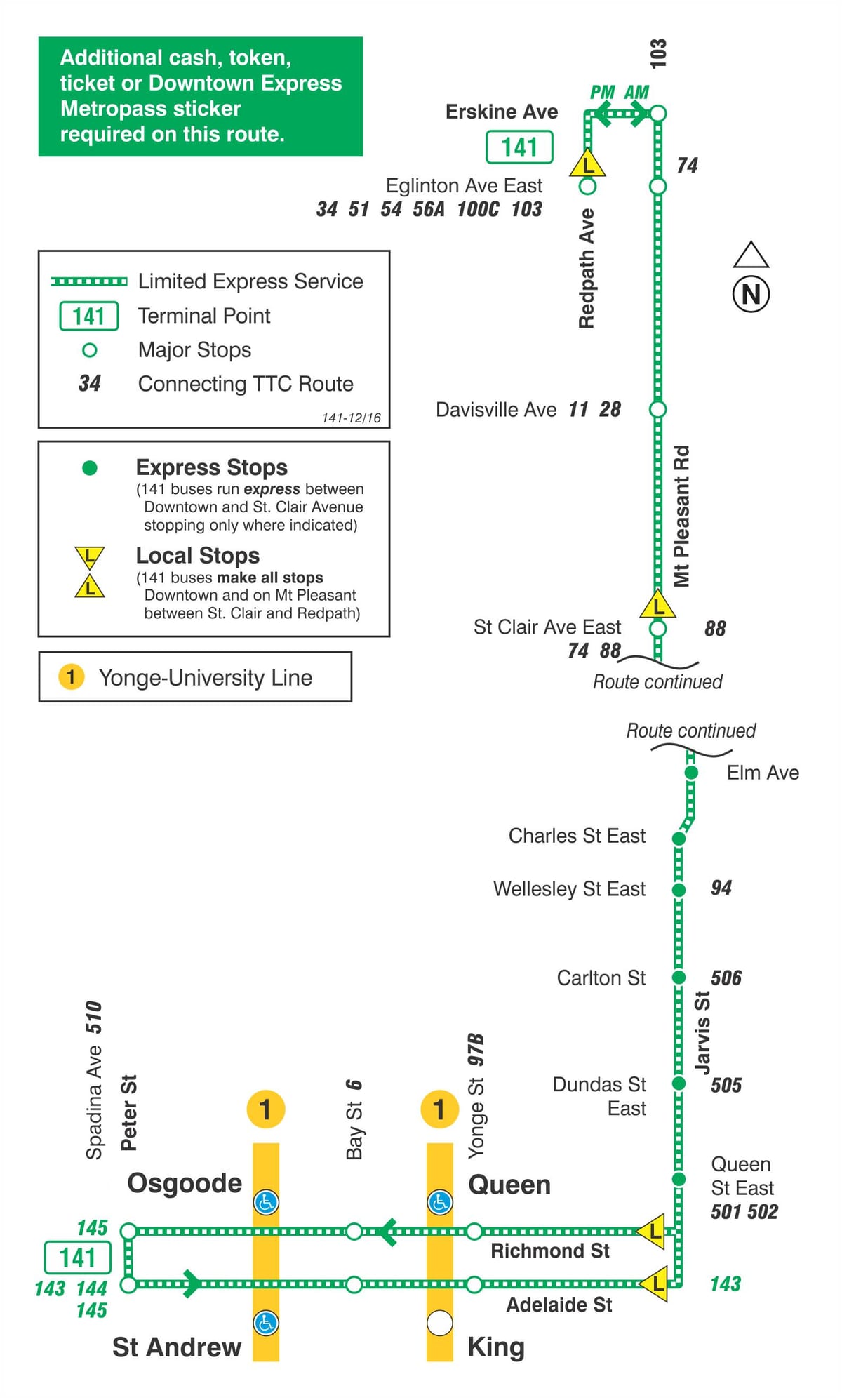 지도 TTC141 다운타운/Mt Pleasant 익스프레스 버스로 토론토