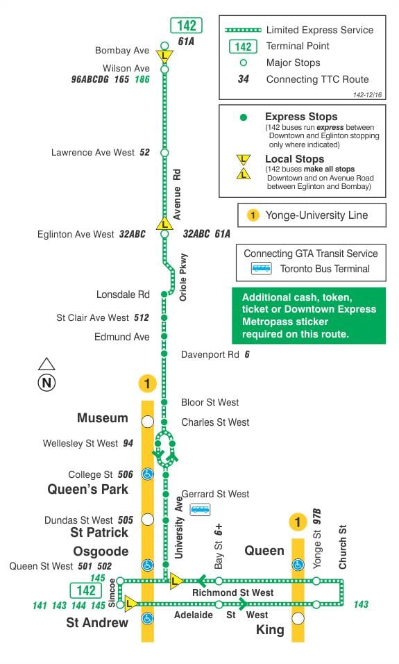 지도 TTC142 호 Avenue Rd 익스프레스 버스로 토론토