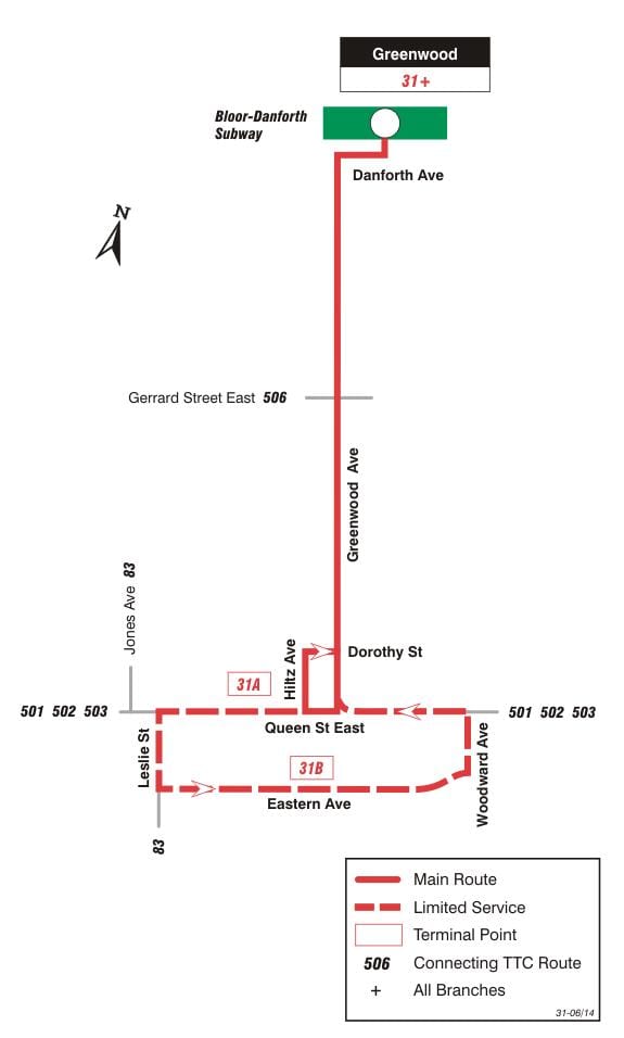 지도 TTC31Greenwood 버스로 토론토