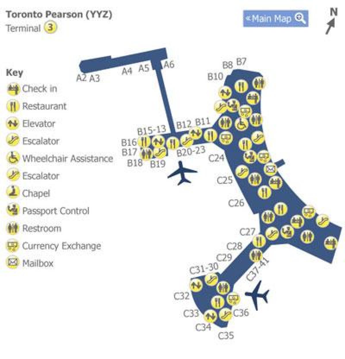 지도 토론토의 피어슨 공항 터미널 3