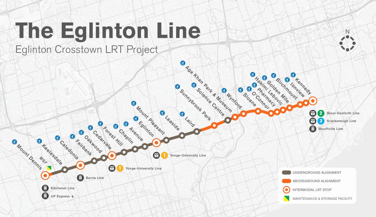 지도 토론토의 지하철 Eglinton 라인 프로젝트